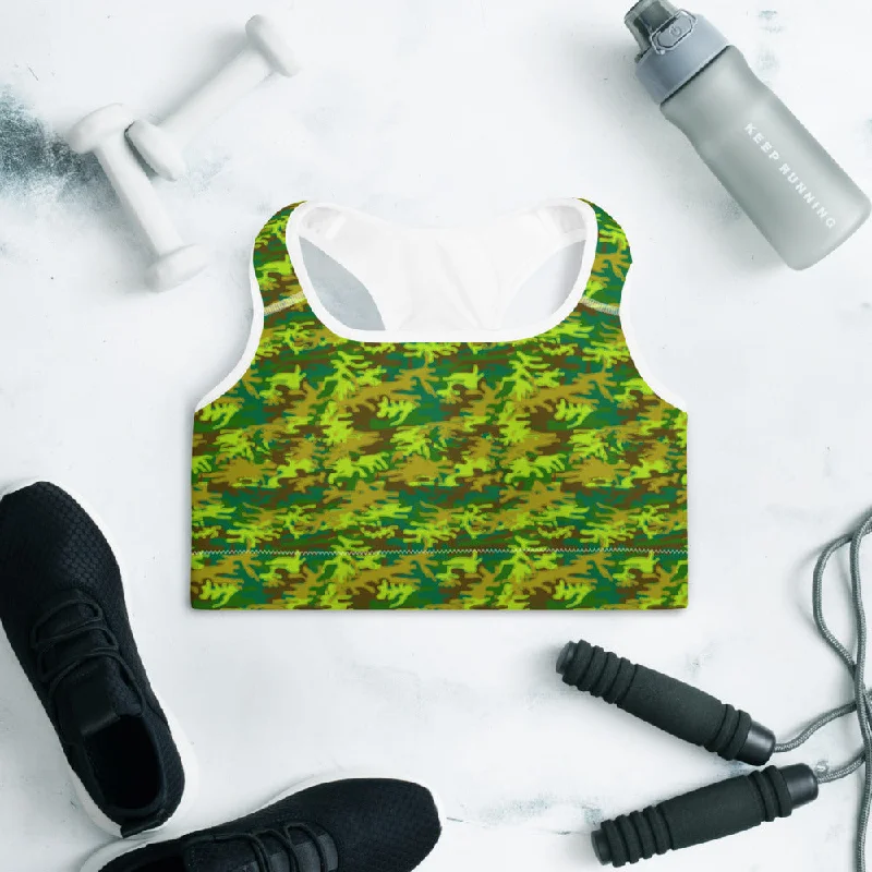 Green Camo Sports Bra, Bright Military Women's Padded Fitness Bra- Made in USA/EU Full Coverage Bra