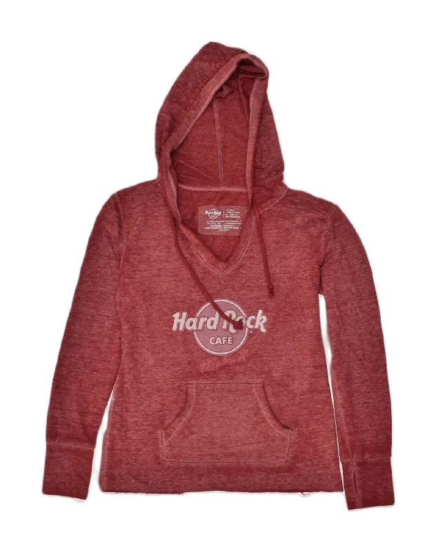 HARD ROCK CAFE Womens Graphic Hoodie Jumper UK 2 2XS Burgundy Cotton Hoodie with Longline Fit Extended Stylish