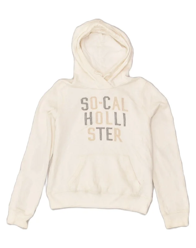 HOLLISTER Womens Graphic Hoodie Jumper UK 10 Small Off White Cotton Hoodie with Hem Drawcord Adjustable Customizable