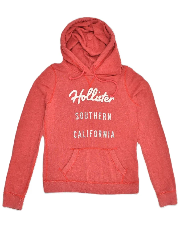 HOLLISTER Womens Graphic Hoodie Jumper UK 10 Small Red Cotton Hoodie with Cuffed Sleeves Snug Secure