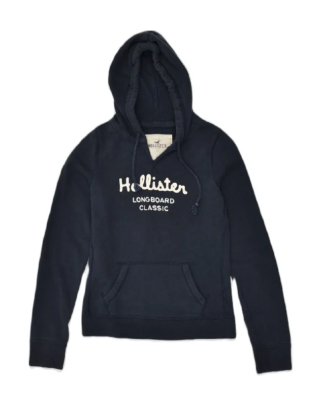 HOLLISTER Womens Graphic Hoodie Jumper UK 14 Medium Navy Blue Cotton Hoodie with Hem Raw Edge Edgy Unfinished