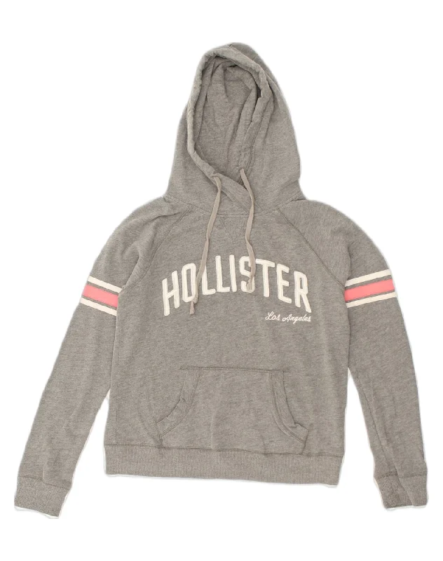 HOLLISTER Womens Loose Fit Graphic Hoodie Jumper UK 10 Small Grey Cotton Hoodie with Elastic Waist Stretchable Comfortable