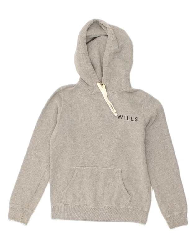 JACK WILLS Womens Graphic Hoodie Jumper UK 10 Small Grey Cotton Hoodie with Side Slits Relaxed Casual