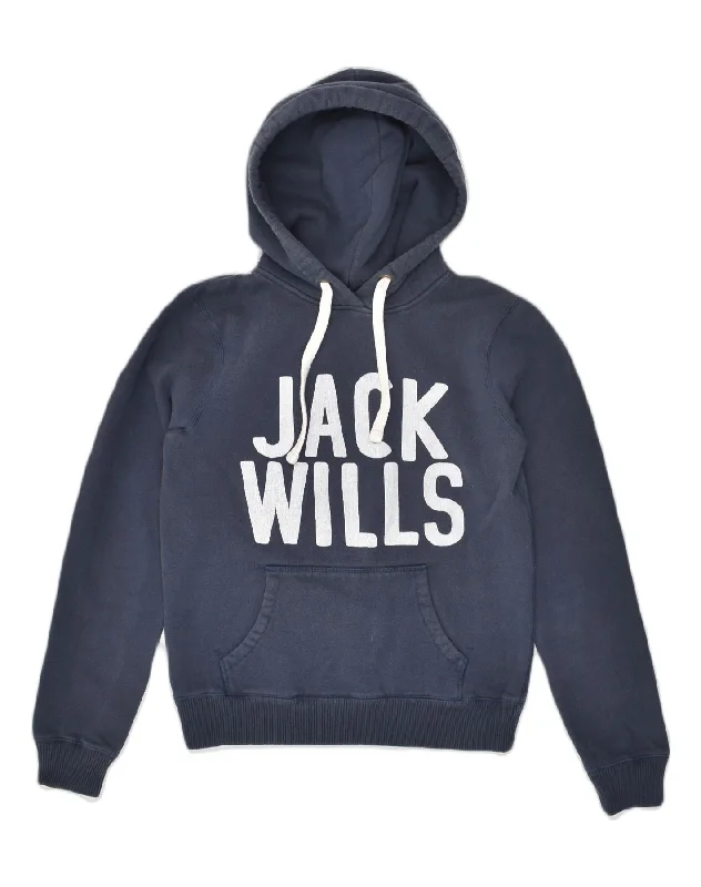 JACK WILLS Womens Graphic Hoodie Jumper UK 10 Small  Navy Blue Cotton Hoodie with Ribbed Cuffs Snug Fit Comfort