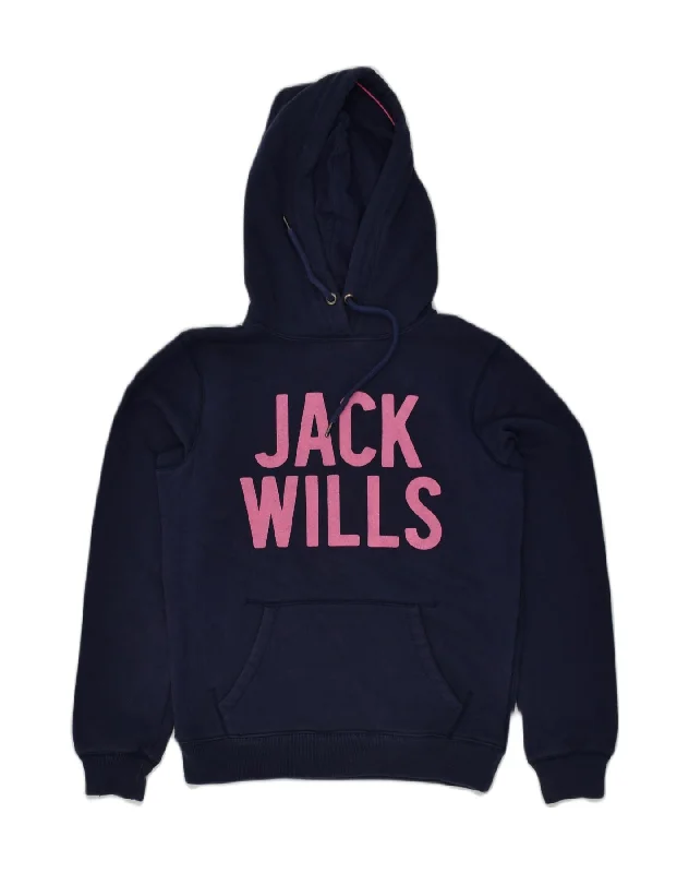 JACK WILLS Womens Graphic Hoodie Jumper UK 10 Small  Navy Blue Cotton Hoodie with Hidden Zipper Minimalist Clean