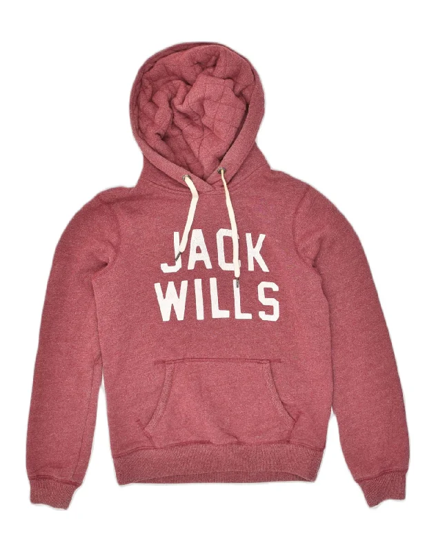 JACK WILLS Womens Graphic Hoodie Jumper UK 10 Small Red Cotton Hoodie with Strings Custom Fit Adjustable