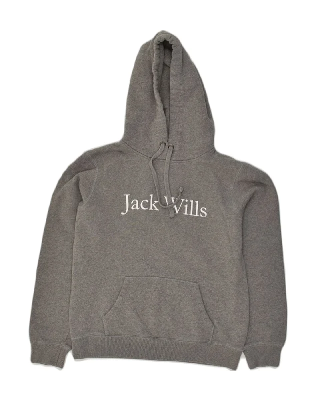 JACK WILLS Womens Graphic Hoodie Jumper UK 12 Medium  Grey Cotton Hoodie with Mock Neck Collared Structured