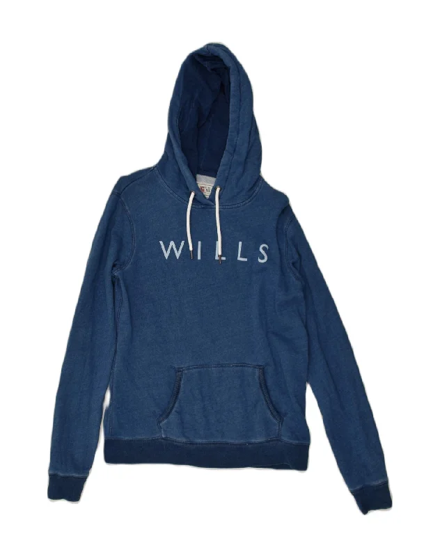 JACK WILLS Womens Graphic Hoodie Jumper UK 12 Medium Navy Blue Cotton Hoodie with Hem Applique Textured Unique