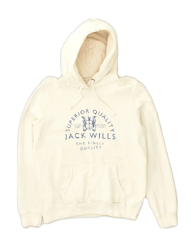 JACK WILLS Womens Graphic Hoodie Jumper UK 12 Medium  Off White Cotton Hoodie with Full-Zip Functional Layering