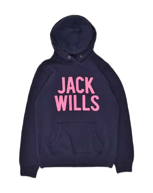 JACK WILLS Womens Graphic Hoodie Jumper UK 14 Medium Navy Blue Cotton Hoodie with Hem Patch Decorative Personalized