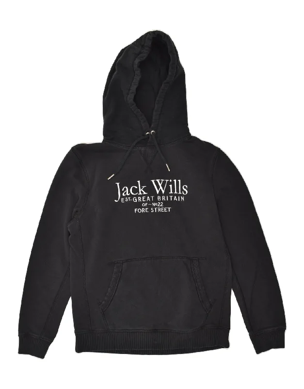 JACK WILLS Womens Graphic Hoodie Jumper UK 16 Large Black Cotton Hoodie with Crew Neck Simple Timeless