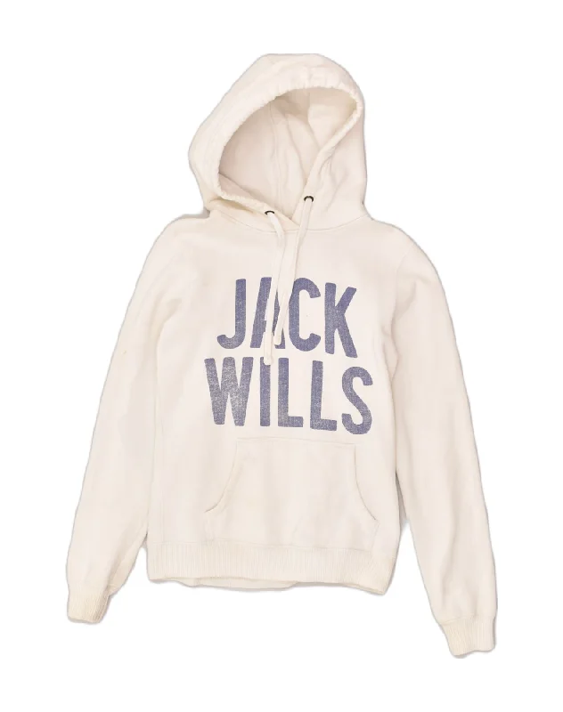 JACK WILLS Womens Graphic Hoodie Jumper UK 8 Small Off White Cotton Hoodie with High Neck Warm Protective