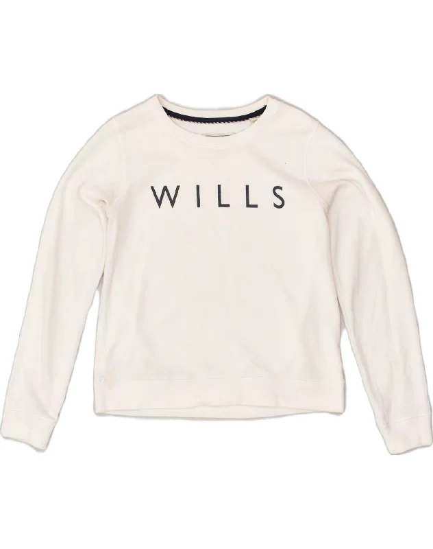 JACK WILLS Womens Graphic Sweatshirt Jumper UK 12 Medium White Cotton Hoodie with Zipper Placket Modern Functional