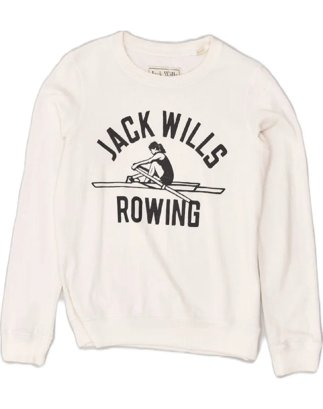 JACK WILLS Womens Graphic Sweatshirt Jumper UK 8 Small  White Cotton Hoodie with Rolled Sleeves Casual Relaxed