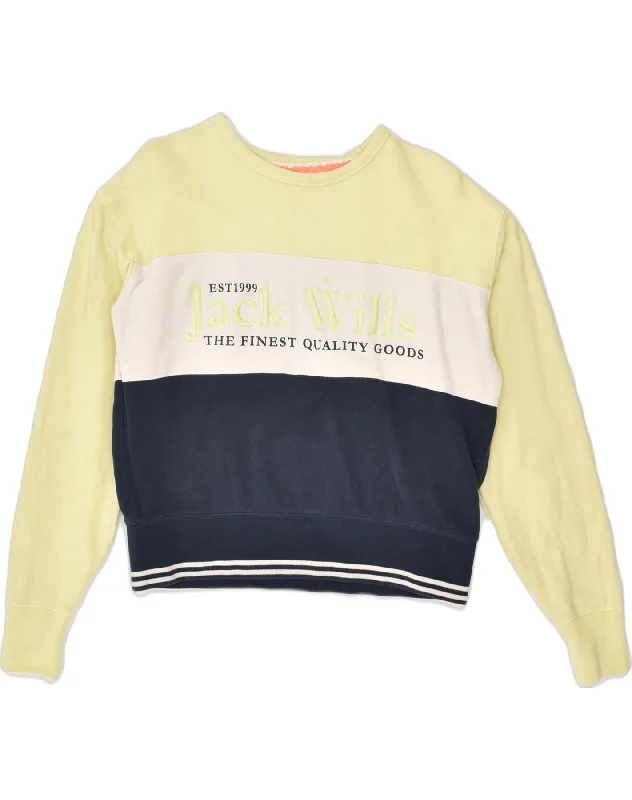 JACK WILLS Womens Graphic Sweatshirt Jumper UK 8 Small Yellow Colourblock Hoodie with Slit Hem Functional Movement