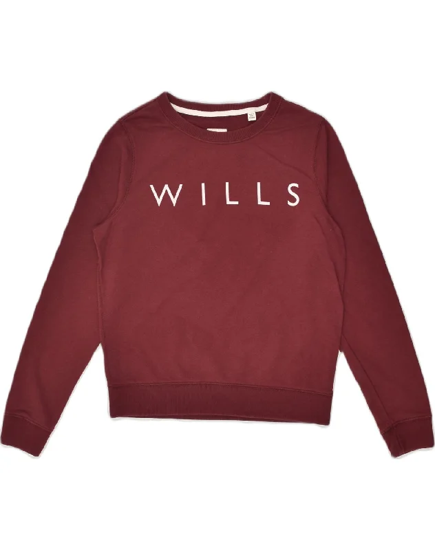 JACK WILLS Womens Loose Fit Graphic Sweatshirt Jumper UK 10 Small  Maroon Hoodie with Button Classic Timeless