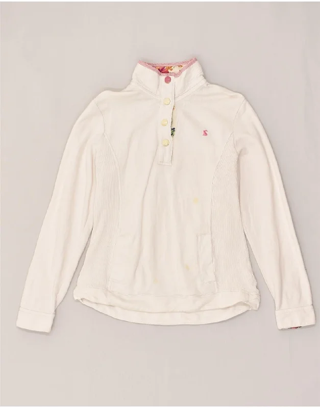 JOULES Womens Button Neck Sweatshirt Jumper UK 12 Medium White Cotton Hoodie with Bell Sleeves Flared Feminine