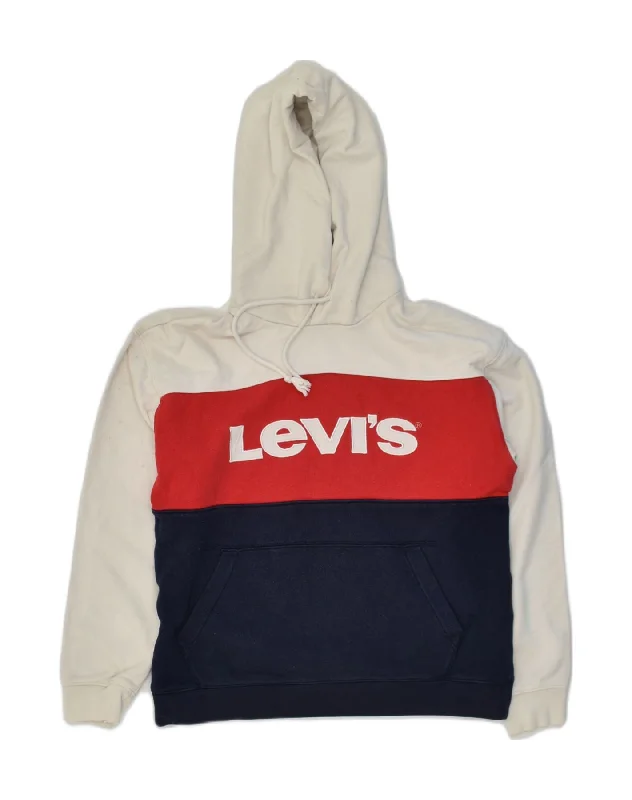 LEVI'S Womens Graphic Hoodie Jumper UK 8 XS White Colourblock Cotton Hoodie with Ribbed Hem Stretchable Secure