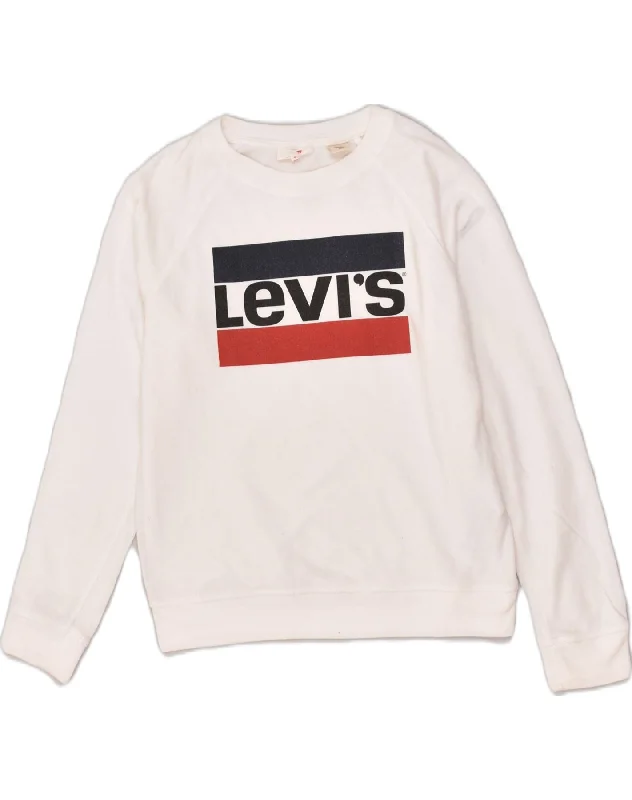 LEVI'S Womens Graphic Sweatshirt Jumper UK 10 Small White Cotton Hoodie with Pattern Geometric Abstract