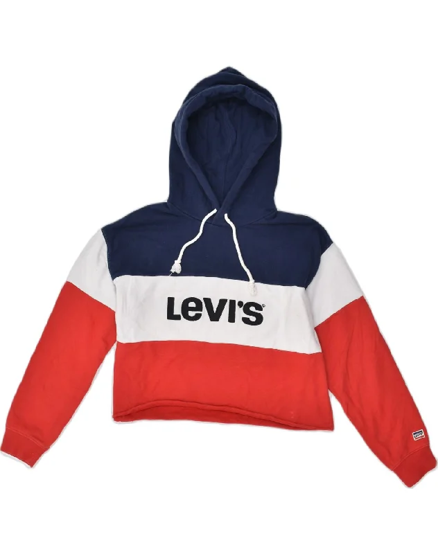 LEVI'S Womens Oversized Crop Hoodie Jumper UK 10 Small Red Colourblock Hoodie with Emblem Brand Identity