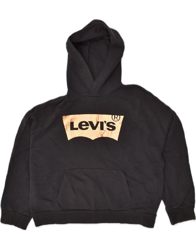 LEVI'S Womens Oversized Graphic Hoodie Jumper UK 14 Medium Black Cotton Hoodie with Hem Contrast Bold Stylish