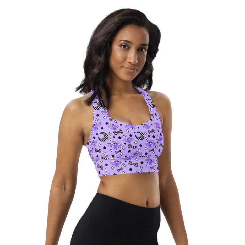 Magical Kawaii Spooky Bats Purple Longline Sports Bra Padded Push-Up Bra