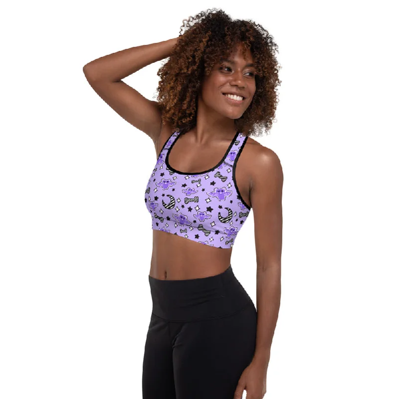 Magical Kawaii Spooky Bats Purple Padded Sports Bra Breathable Full Coverage