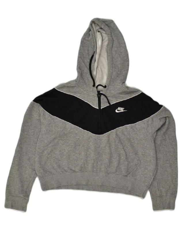 NIKE Womens Crop Hoodie Jumper UK 18 XL Grey Colourblock Cotton Hoodie with Print Artistic Unique