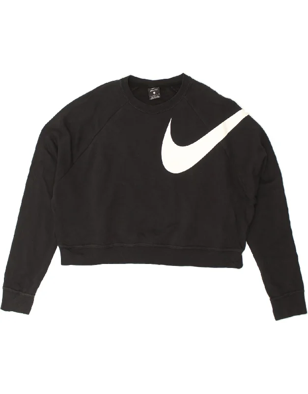 NIKE Womens Dri Fit Graphic Crop Sweatshirt Jumper UK 16 Large Black Hoodie with Hem Detail Decorative Unique