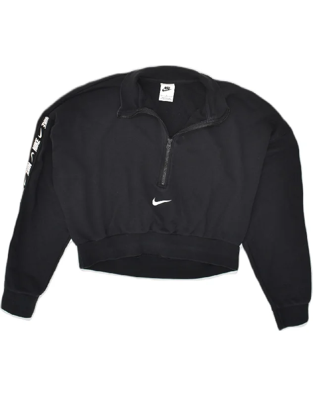 NIKE Womens Graphic Crop Sweatshirt Jumper UK 14 Medium Black Cotton Hoodie with Rhinestones Sparkly Elegant