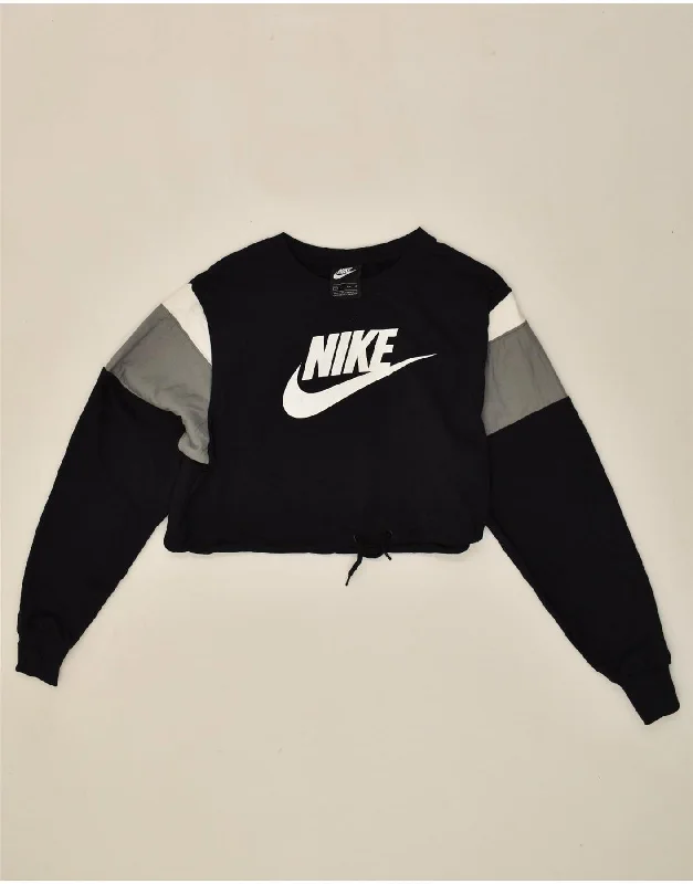 NIKE Womens Graphic Crop Sweatshirt Jumper UK 4 XS Black Colourblock Hoodie with Applique Textured Unique