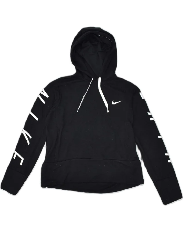 NIKE Womens Graphic Hoodie Jumper UK 10 Small Black Polyester Hoodie with Hem Detail Decorative Unique