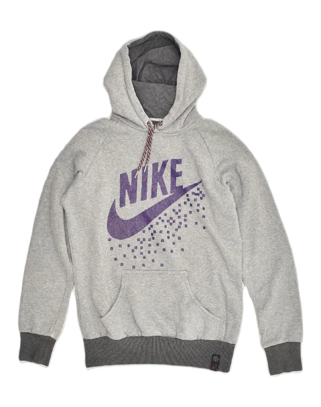 NIKE Womens Graphic Hoodie Jumper UK 12-14 Medium  Grey Cotton Hoodie with Hood Adjustable Protection