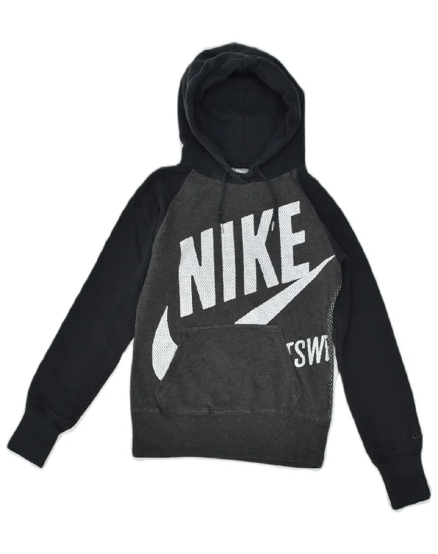 NIKE Womens Graphic Hoodie Jumper UK 4 XS Grey Colourblock Cotton Hoodie with Hem Elastic Stretchable Comfortable