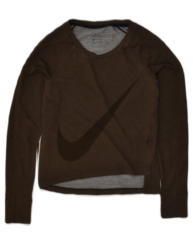 NIKE Womens Graphic Sweatshirt Jumper UK 6 XS Brown Viscose Hoodie with Hem Embroidery Detailed Premium