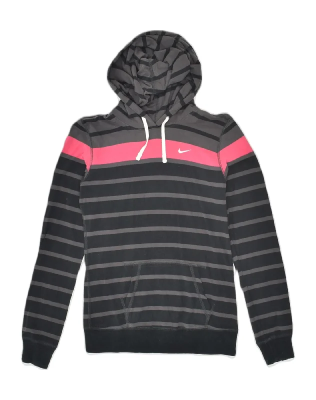 NIKE Womens Hoodie Jumper UK 10 Small Black Striped Cotton Hoodie with Frayed Bohemian Relaxed