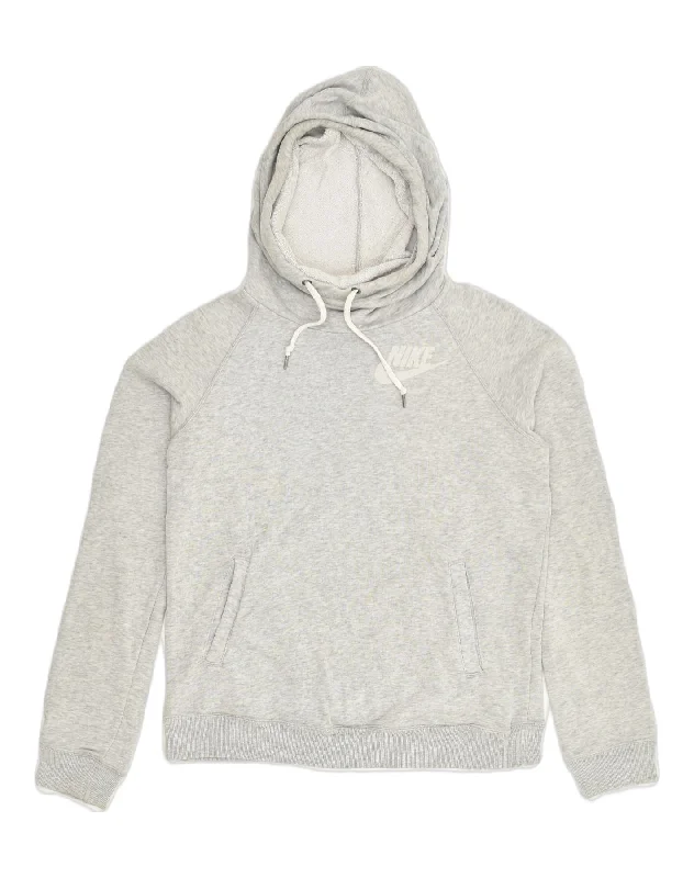 NIKE Womens Hoodie Jumper UK 10 Small Grey Cotton Hoodie with Puffed Sleeves Voluminous Trendy