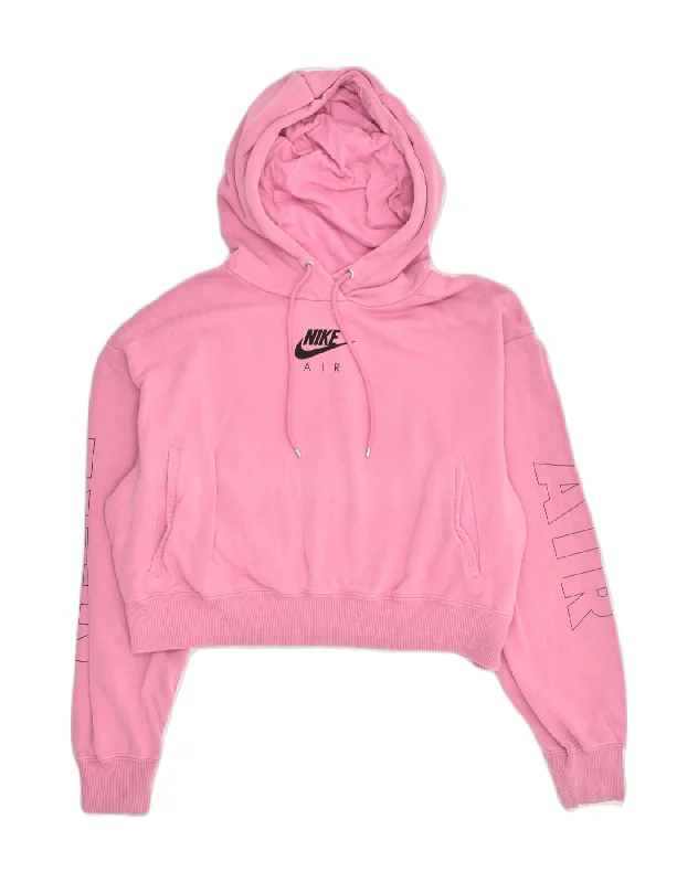 NIKE Womens Oversized Crop Hoodie Jumper UK 14 Medium Pink Cotton Hoodie with Hem Patch Decorative Personalized