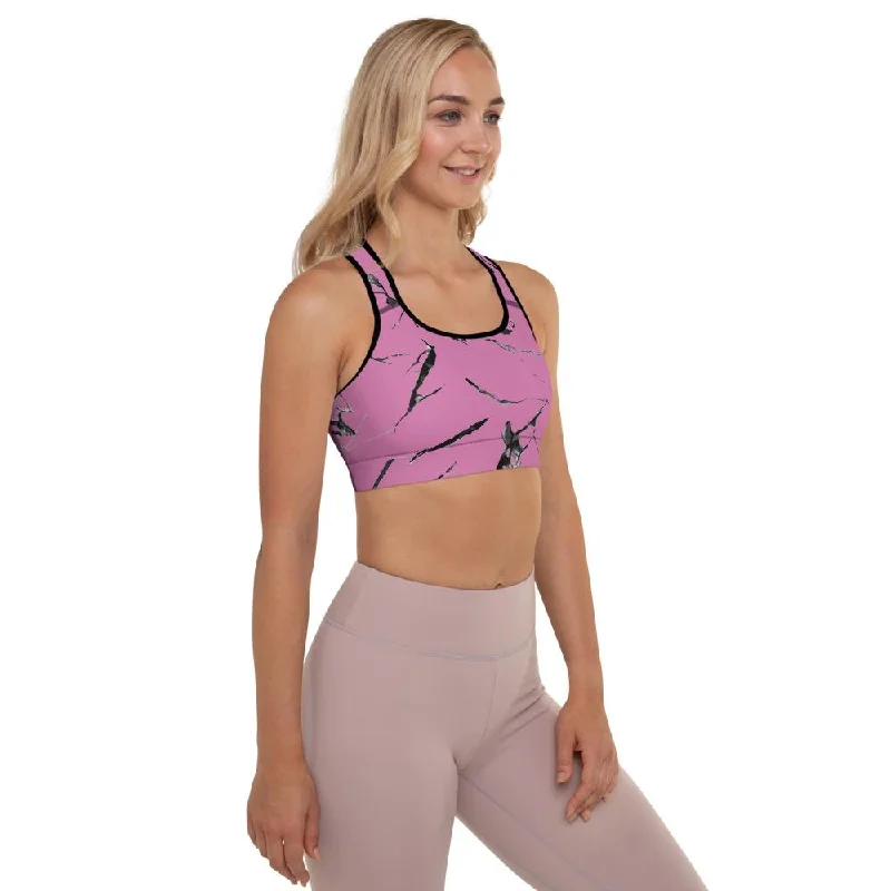 Pink Marble Women's Sports Bra, Premium Padded Gym Workout Bra- Made in USA/ EU Push-Up Wireless Bra