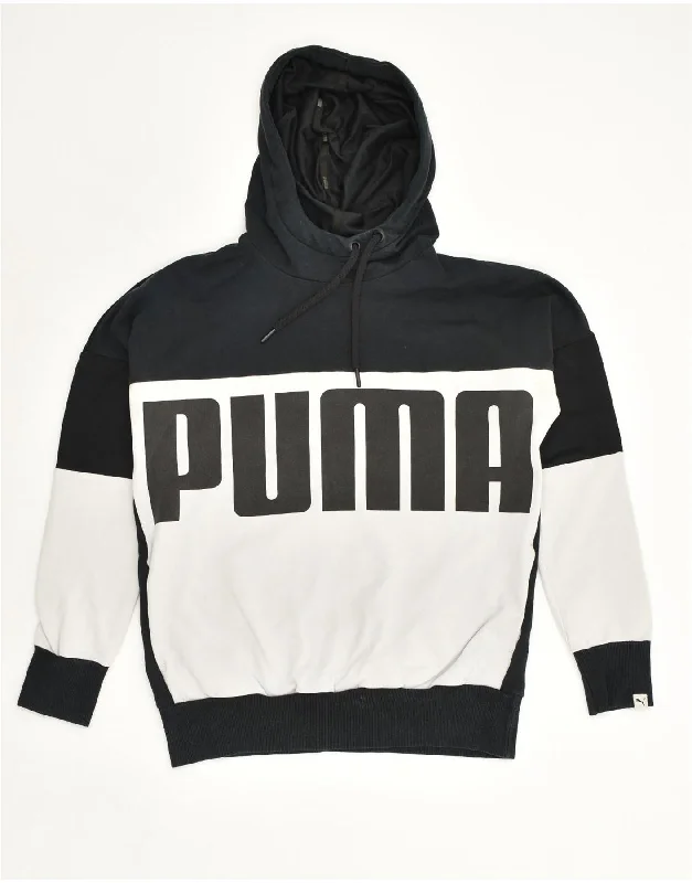 PUMA Womens Graphic Hoodie Jumper UK 10 Small Black Colourblock Cotton Hoodie with Drawstring Waist Adjustable Fitted