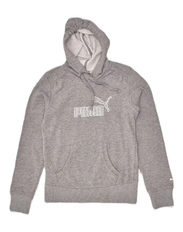 PUMA Womens Graphic Hoodie Jumper UK 10 Small Grey Cotton Hoodie with Contrast Stitching Detailed Premium