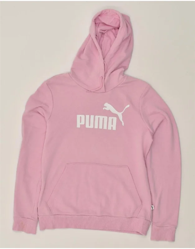 PUMA Womens Graphic Hoodie Jumper UK 12 Medium Pink Hoodie with Hem Frayed Vintage Worn