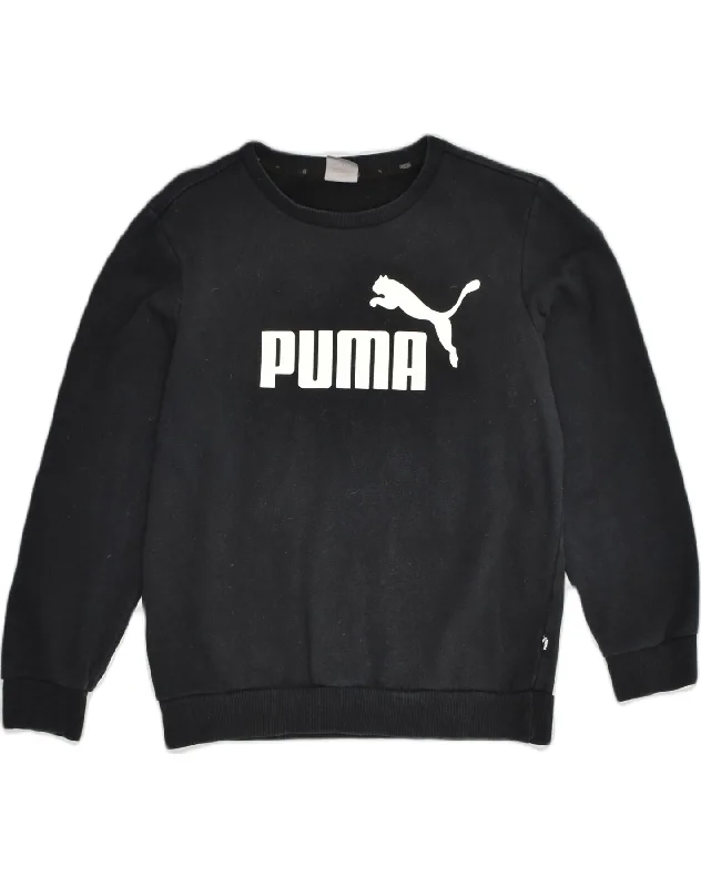 PUMA Womens Graphic Sweatshirt Jumper UK 10 Small Black Cotton Hoodie with Longline Fit Extended Stylish