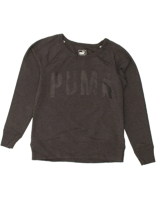 PUMA Womens Graphic Sweatshirt Jumper UK 12 Medium  Grey Cotton Hoodie with Button Placket Classic Preppy