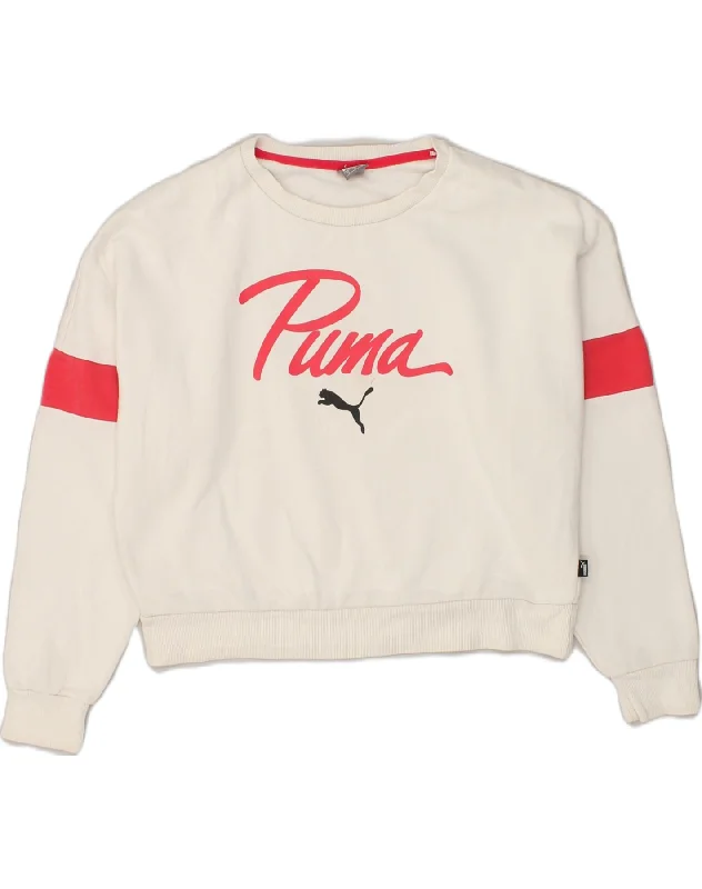 PUMA Womens Oversized Crop Sweatshirt Jumper UK 14 Medium White Hoodie Jacket Zipper Layering