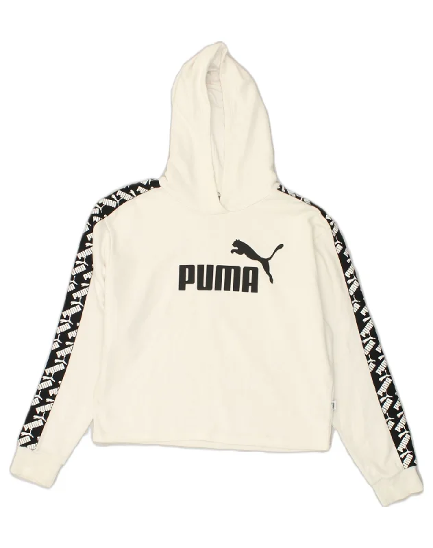 PUMA Womens Oversized Graphic Hoodie Jumper UK 10 Small White Cotton Hoodie with Toggle Buttons Decorative Unique