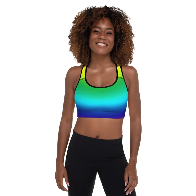 Radial Rainbow Ombre Fitness Bra, Women's Padded Gym Fitness Sports Bra- Made in USA/EU High Support Bra