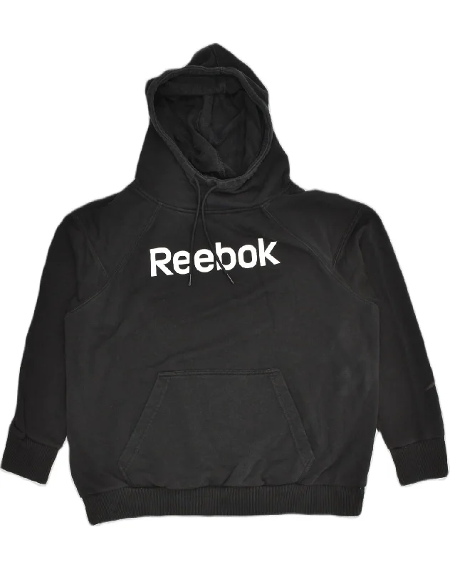 REEBOK Womens Graphic Hoodie Jumper UK 14 Medium Black Cotton Hoodie with Slim Fit Tailored Modern