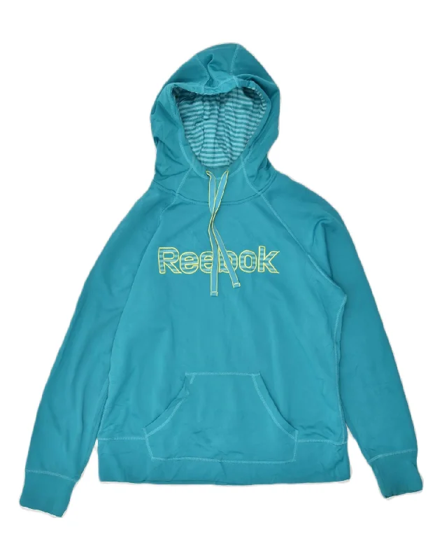 REEBOK Womens Graphic Hoodie Jumper UK 16 Large Blue Polyester Hoodie with Raglan Sleeves Sporty Comfortable