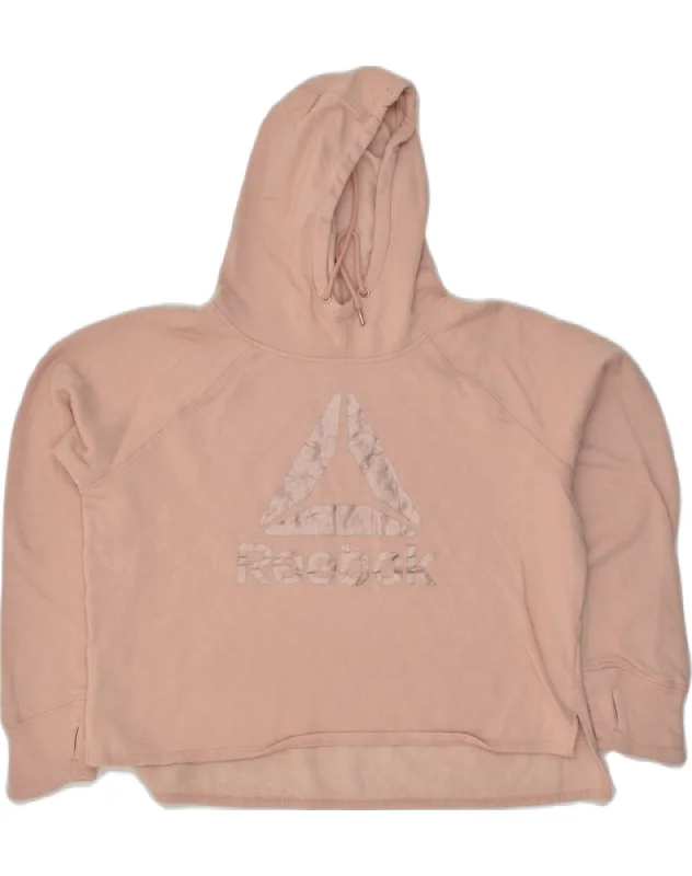 REEBOK Womens Oversized Graphic Hoodie Jumper UK 14 Large Beige Cotton Hoodie with Hem Lace Feminine Delicate